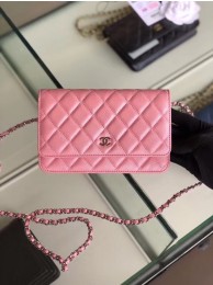 Chanel classic wallet on chain Grained Calfskin & Silver-Tone Metal 33814 Pearlescent Pink HY20771uT54