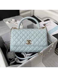 Chanel flap bag with top handle Grained Calfskin gold-Tone Metal A92991 light blue HY12753hI90