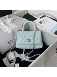 Chanel flap bag with top handle Grained Calfskin gold-Tone Metal AS2215 light blue HY2942vX33