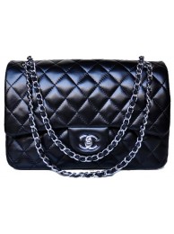Chanel Jumbo Quilted Classic Black Sheepskin Flap Bag A58600 Silver HY10463Pu45
