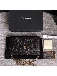 Chanel WOC Black Camellia Leather mini Flap Bag A33814 Gold HY17029Yo25