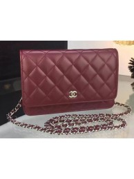 Chanel WOC mini Flap Bag Burgundy Sheepskin A5373 Silver HY7806HW50