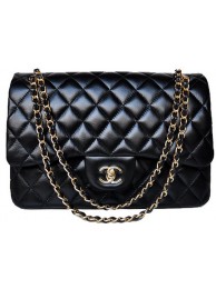 Copy Best Chanel Jumbo Quilted Classic Black Sheepskin Flap Bag A58600 Gold HY25259Qc72