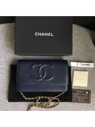 Copy Chanel WOC Original Calfskin Leather Dark Blue Shoulder Bag 33814 Glod HY10927Zn71