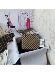 Fake Chanel Drawstring Bag Raffia Jute Thread & Gold-Tone Metal Black & Beige AS2421 HY2094GR32