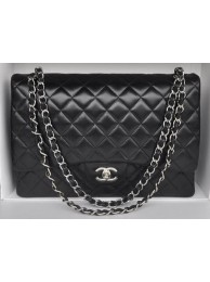 Fake Chanel Maxi Classic Bag A36098 Black Sheepskin Silver HY21932xE84