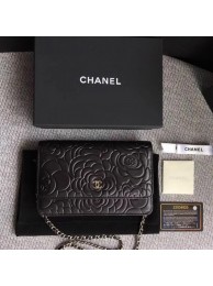 Fake Chanel WOC Black Camellia Leather mini Flap Bag A33814 Silver HY7359Hj78