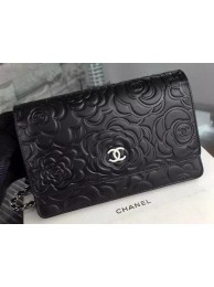 Fake Chanel WOC Flap Bag Original Black Camellia Leather A5373 Silver HY2171QF99