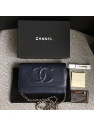 Fake Chanel WOC Original Calfskin Leather Dark Blue Shoulder Bag 33814 Silver HY13715Iw51