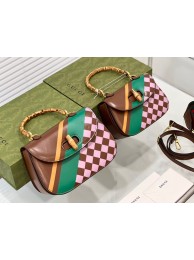 Gucci Small top handle bag with Bamboo 675797 Pink plaid green and yellow print HY2625sf78