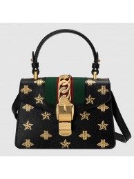 Gucci Sylvie Bee Star mini leather bag 470270 black HY7258Mc61