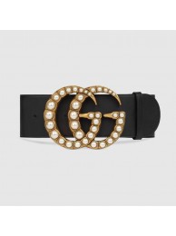 Gucci Wide leather belt with pearl Double G 453261 black HY25343Ri95