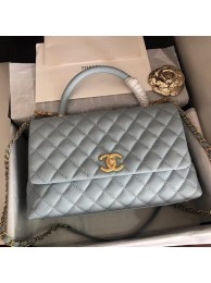 Imitation Chanel original Caviar leather flap bag top handle A92292 light blue&Gold-Tone Metal HY7287SU58