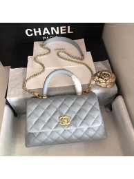 Imitation High Quality Chanel original Caviar leather flap bag top handle A92290 light blue&Gold-Tone Metal HY20608Bo39