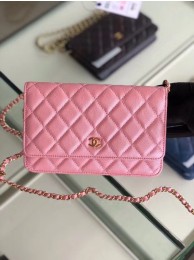 Replica Chanel classic wallet on chain Grained Calfskin & gold-Tone Metal 33814 Pearlescent Pink HY25651Kg43
