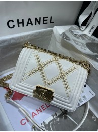 Small BOY CHANEL Handbag Crumpled Calfskin & Gold-Tone Metal A67085 white HY16388Bw85